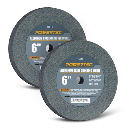 Powertec Aluminum Oxide Grinding Wheel 6 in. x 3/4 in. with 1/2 in. Arbor, 100 Grit, 2PK 15519-P2